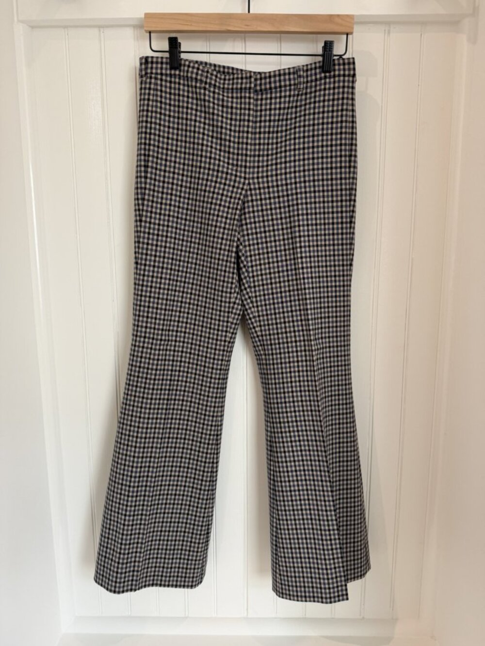 'S Max Mara Check Trousers — Navy Cream Gingham, Wool Blend Flare, Size 2